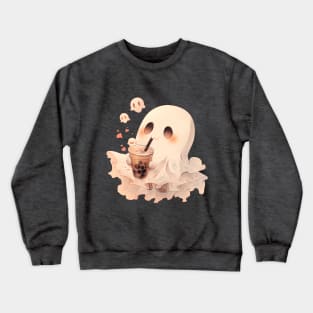 Spooky Sheet Ghost enjoying boba tea on Halloween Crewneck Sweatshirt
